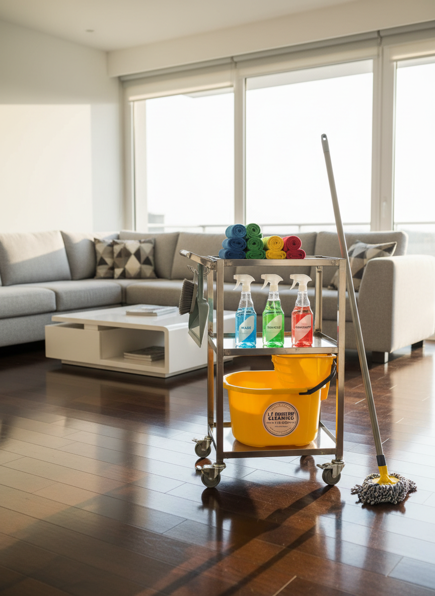 A gleaming stainless-steel cleaning cart neatly organized with color-coded microfiber cloths, spray bottles with clear liquid, and a bright yellow mop bucket, positioned in the middle of a spotless modern living room. The room features polished hardwood floors, a light gray sectional sofa, and a low white coffee table reflecting subtle highlights. Soft afternoon daylight pours through a large window, creating clean, crisp shadows and a sense of freshness. Shot at eye level with photographic realism, sharp focus throughout, and a clean, modern aesthetic, the atmosphere feels professional, trustworthy, and ready for 24/7 service across Greater Los Angeles homes.