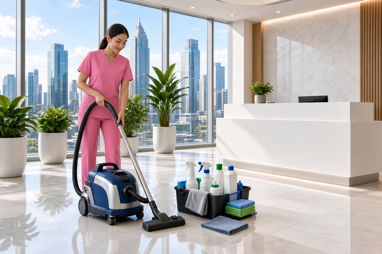 A pristine, freshly sanitized office lobby with a glossy white reception desk, reflective porcelain tile flooring, and a row of minimalist planters along a glass wall. In the foreground, a blue commercial vacuum, folded microfiber dusters, and neatly arranged eco-friendly cleaning bottles sit together, implying recent cleaning work. Cool, even overhead lighting combines with soft natural light from outside, creating subtle reflections on the floor. Captured from a slightly elevated angle with deep focus, the composition emphasizes order, hygiene, and reliability. The overall mood is highly professional and reassuring, ideal for commercial clients in Downtown LA and surrounding business districts.
